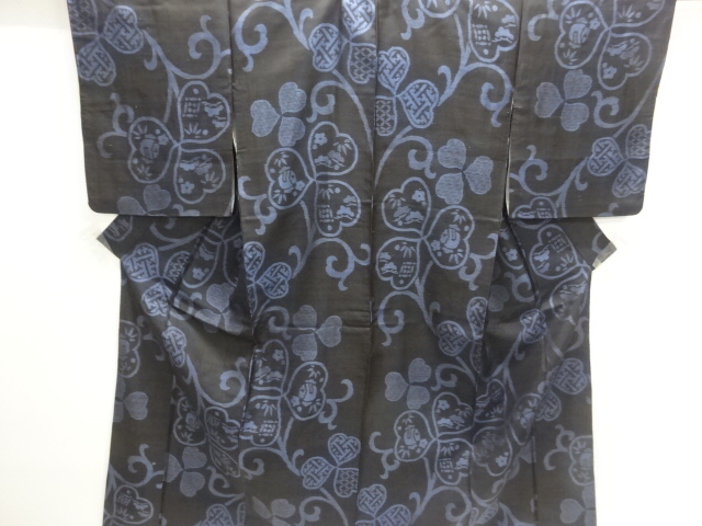 大正ロマン　唐草に花古典柄織出し手織り紬着物